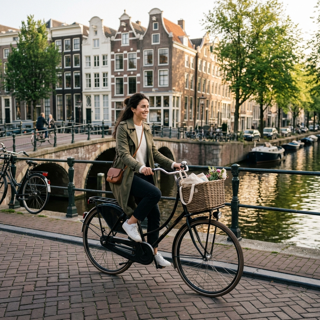 Biking in Amsterdam with a traditional oma fiets